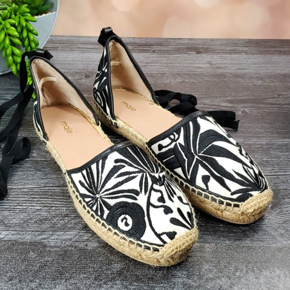 Maje | Frozen Black and White Embroidered Tapestry Gypsy Boho Espadrilles